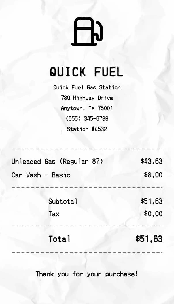 Gas Station receipt example