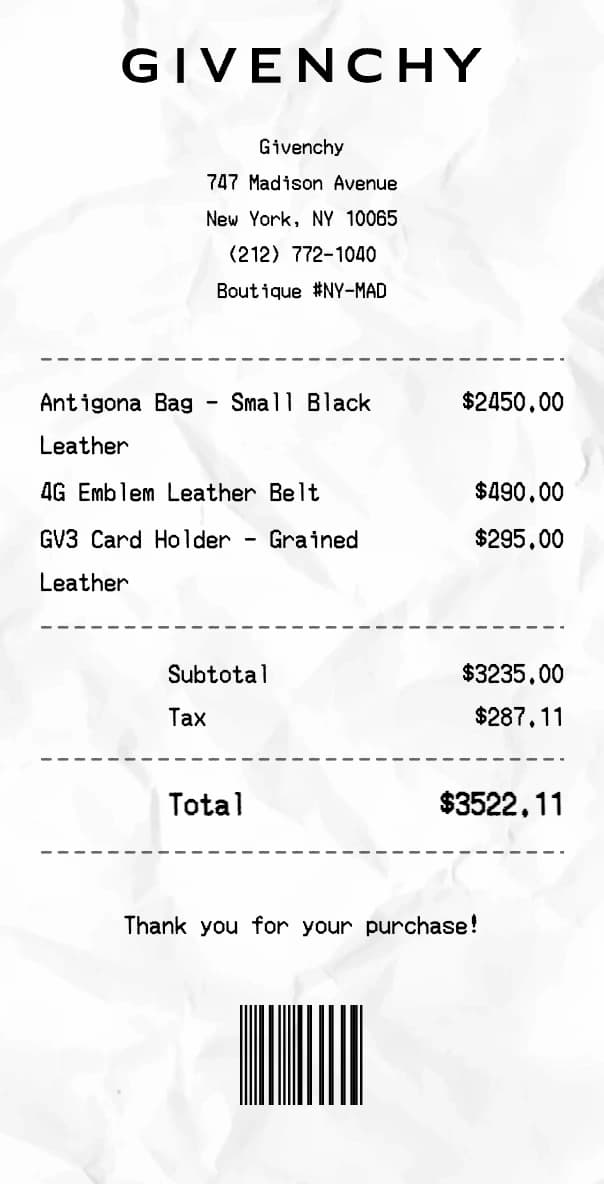 Givenchy receipt example