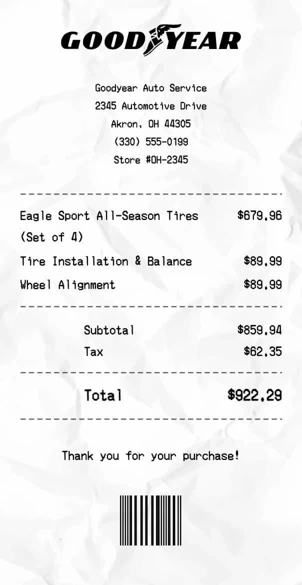 Goodyear receipt example