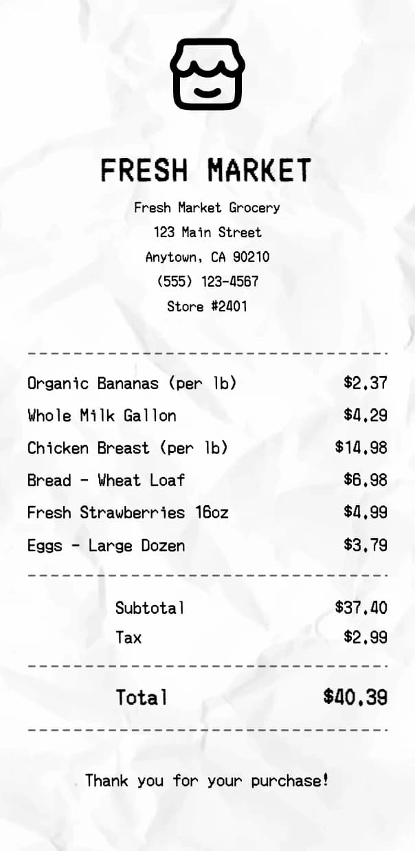 Grocery Store receipt example