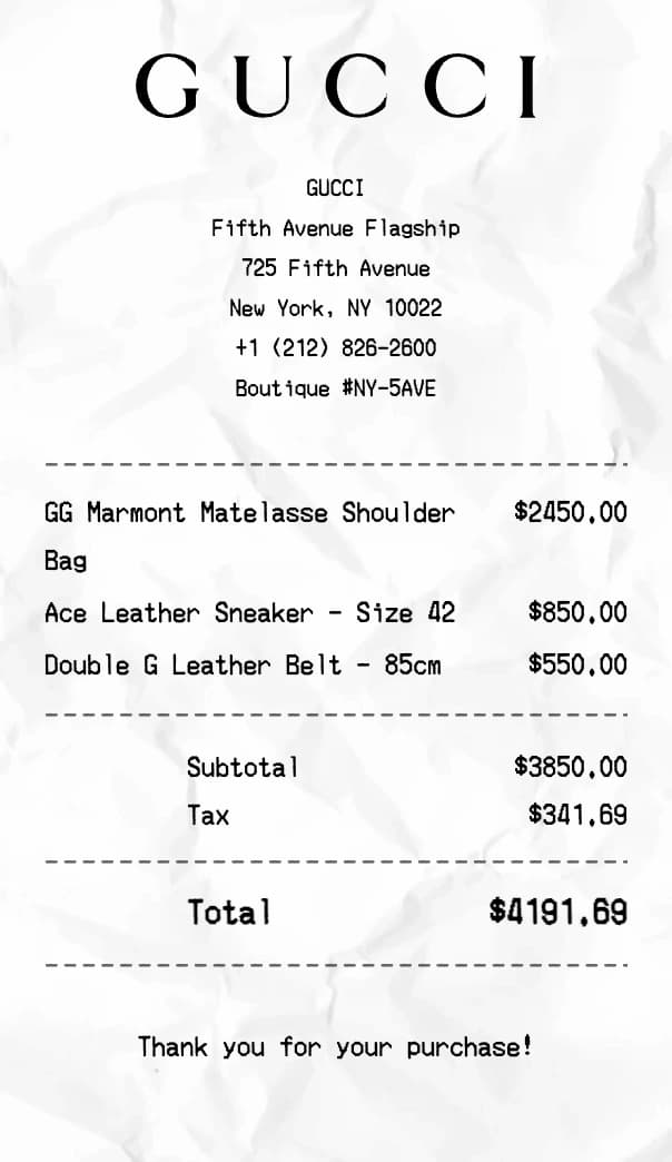 Gucci receipt example