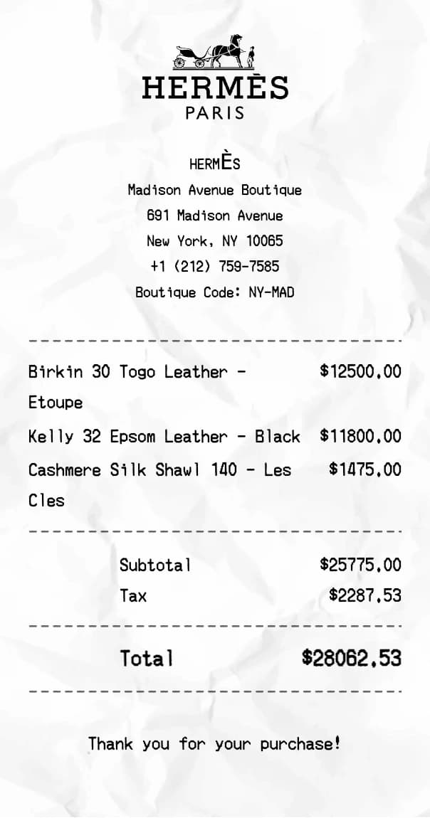 Hermès receipt example