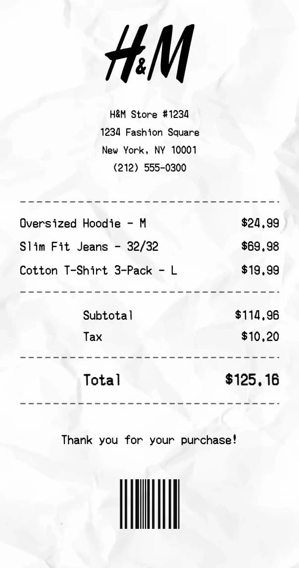 H&M receipt example
