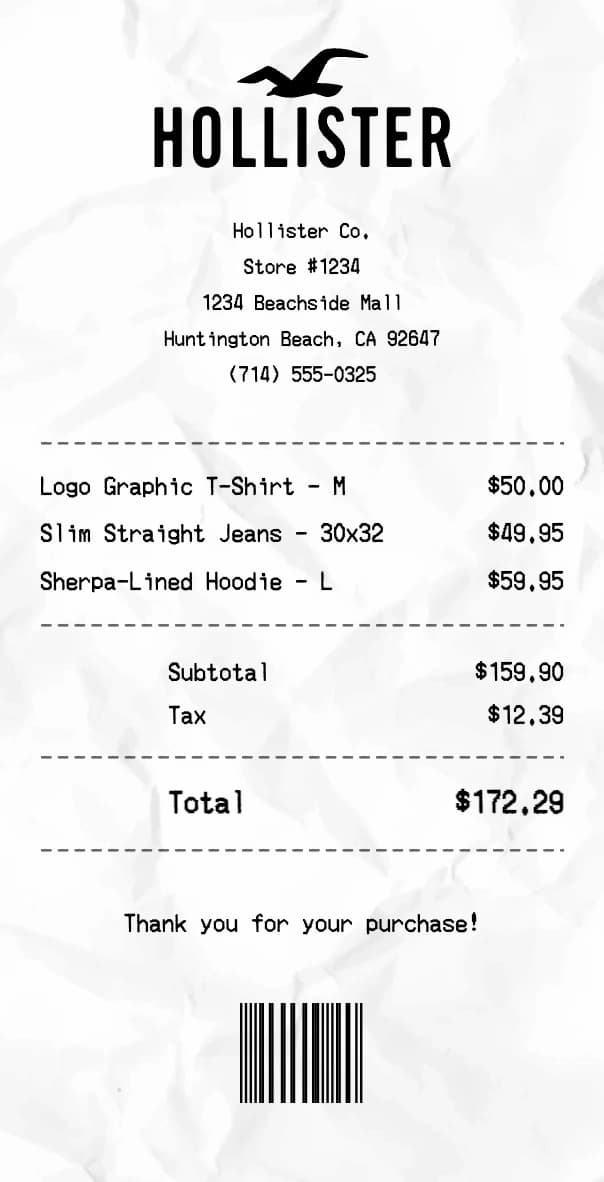 Hollister receipt example