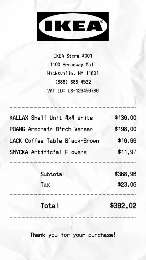 IKEA receipt example
