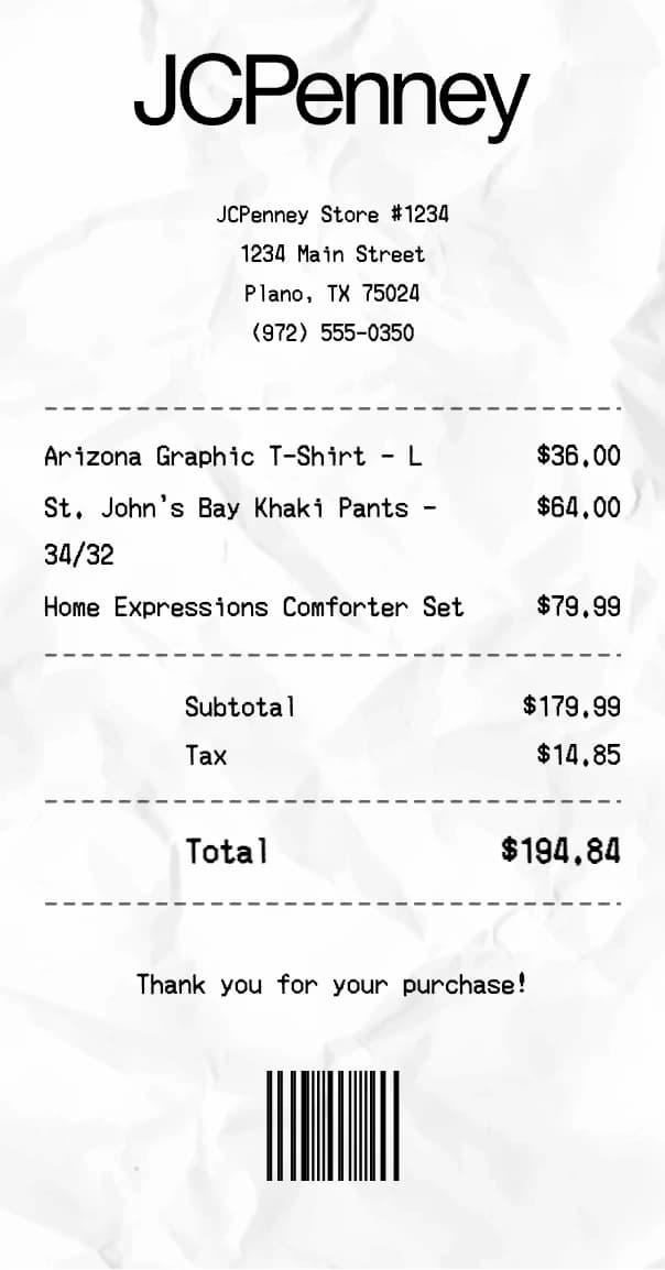 JCPenney receipt example