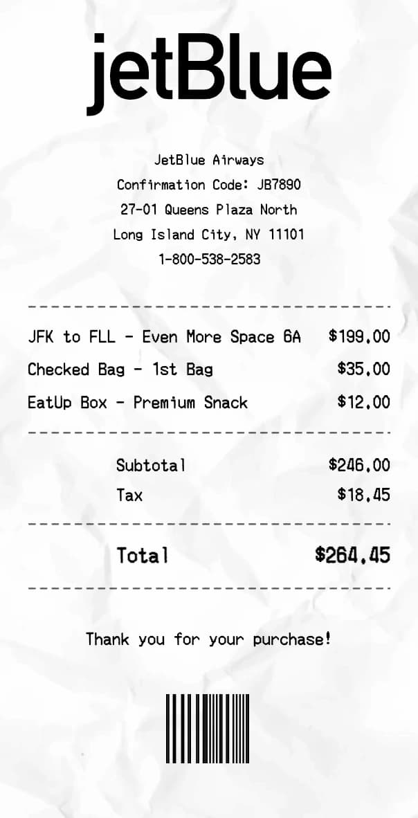 JetBlue Airways receipt example