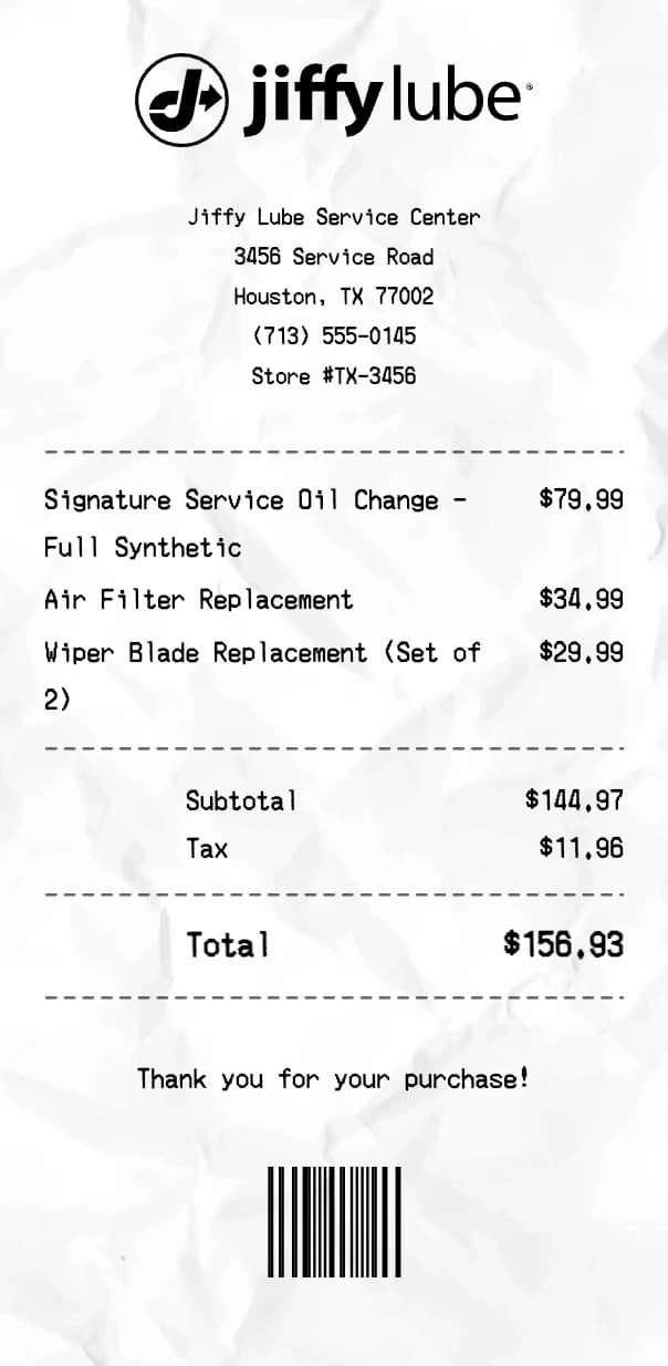 Jiffy Lube receipt example
