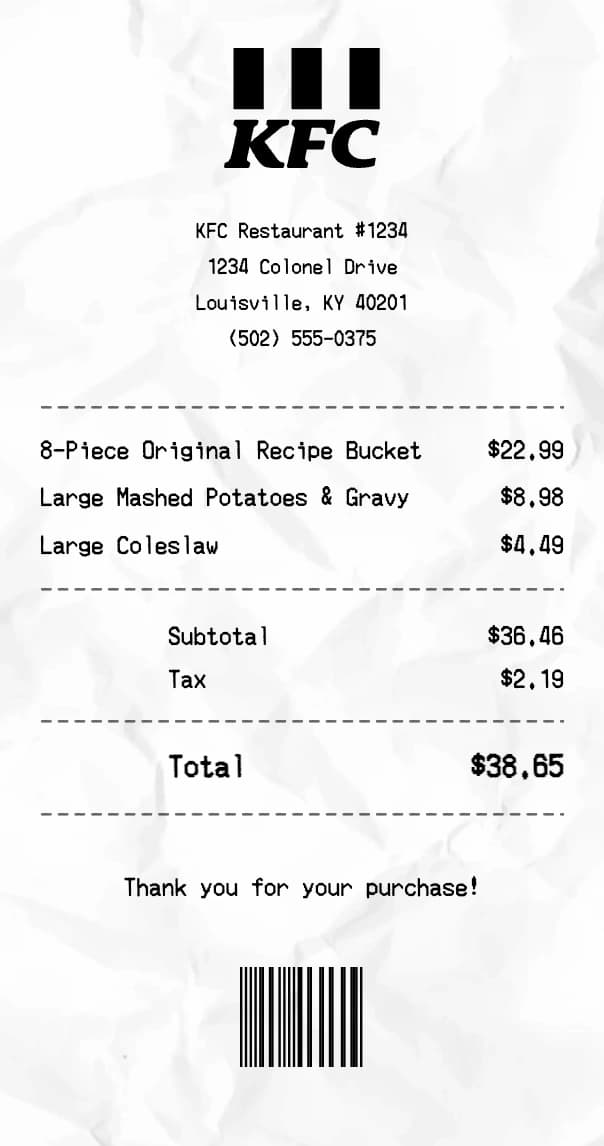 KFC receipt example