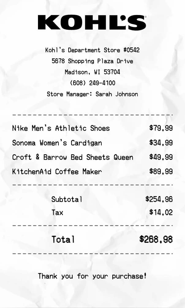 Kohl's receipt example