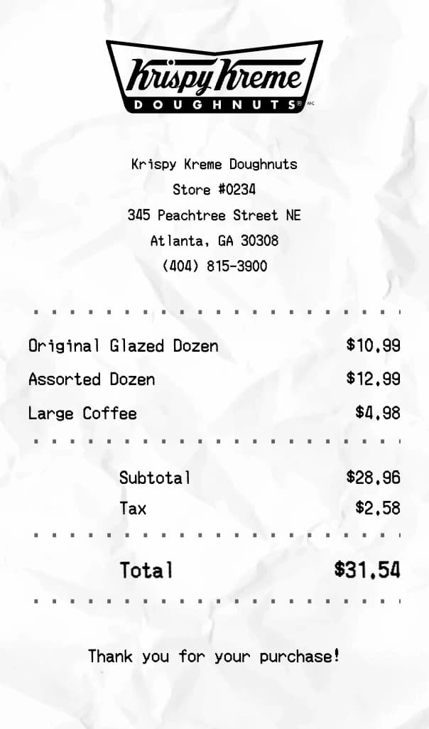 Krispy Kreme receipt example