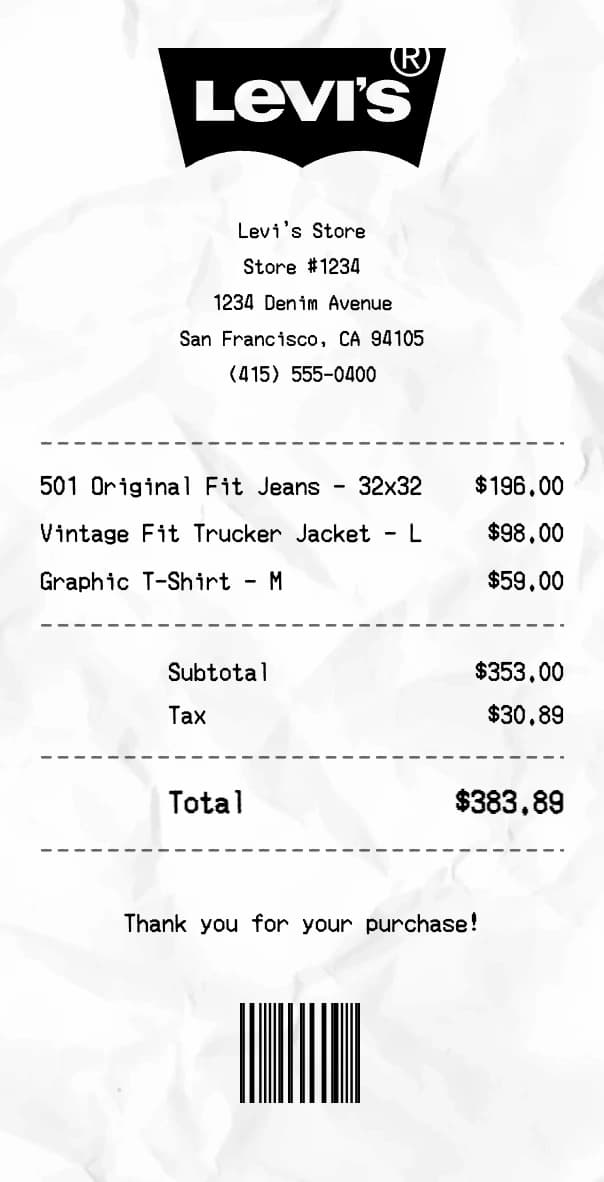 Levi's receipt example