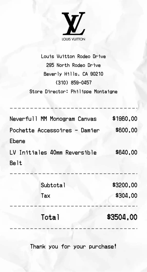 Louis Vuitton receipt example