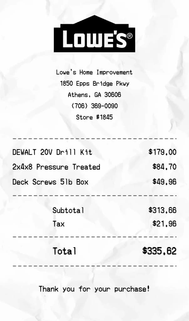 Lowe's receipt example