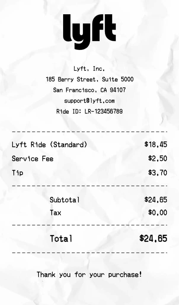 Lyft receipt example