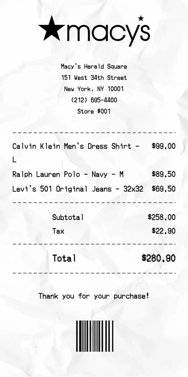 Macy's receipt example
