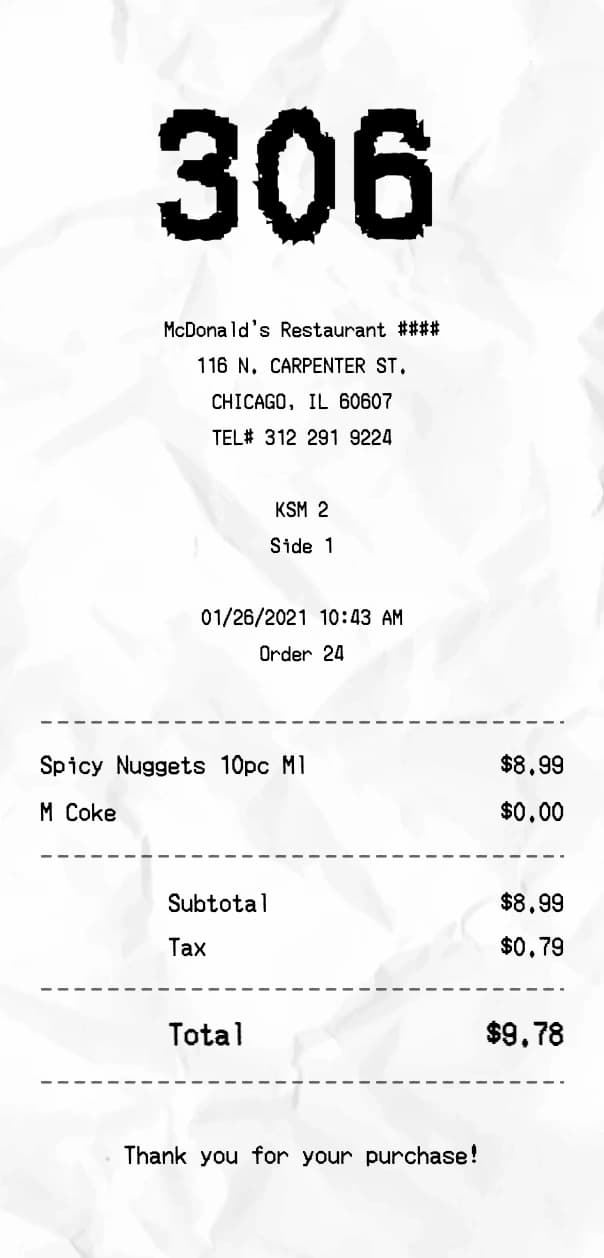 McDonald's receipt example