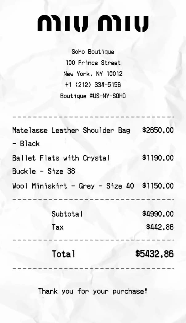 Miu Miu receipt example
