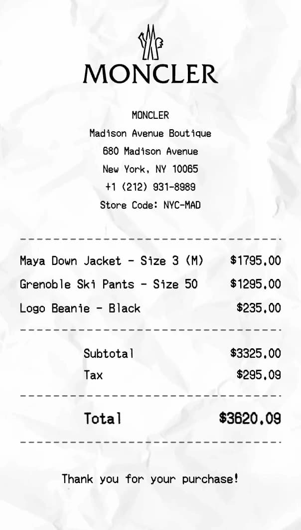 Moncler receipt example