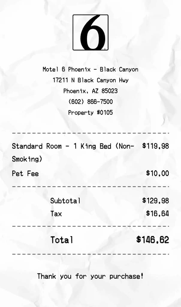 Motel 6 receipt example