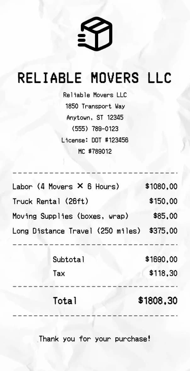 Moving receipt example