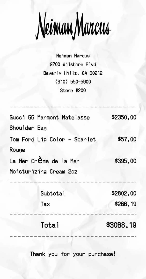 Neiman Marcus receipt example