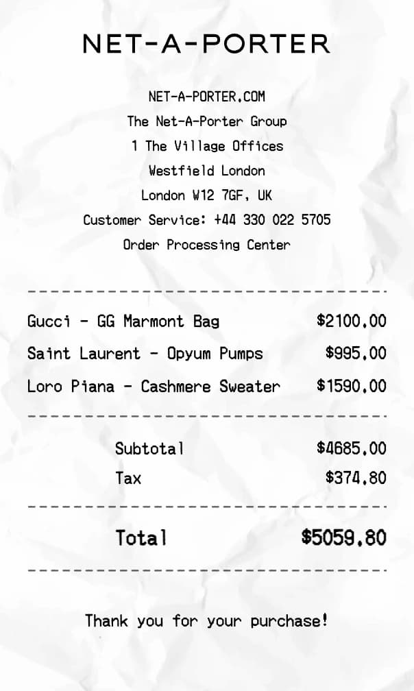 Net-A-Porter receipt example
