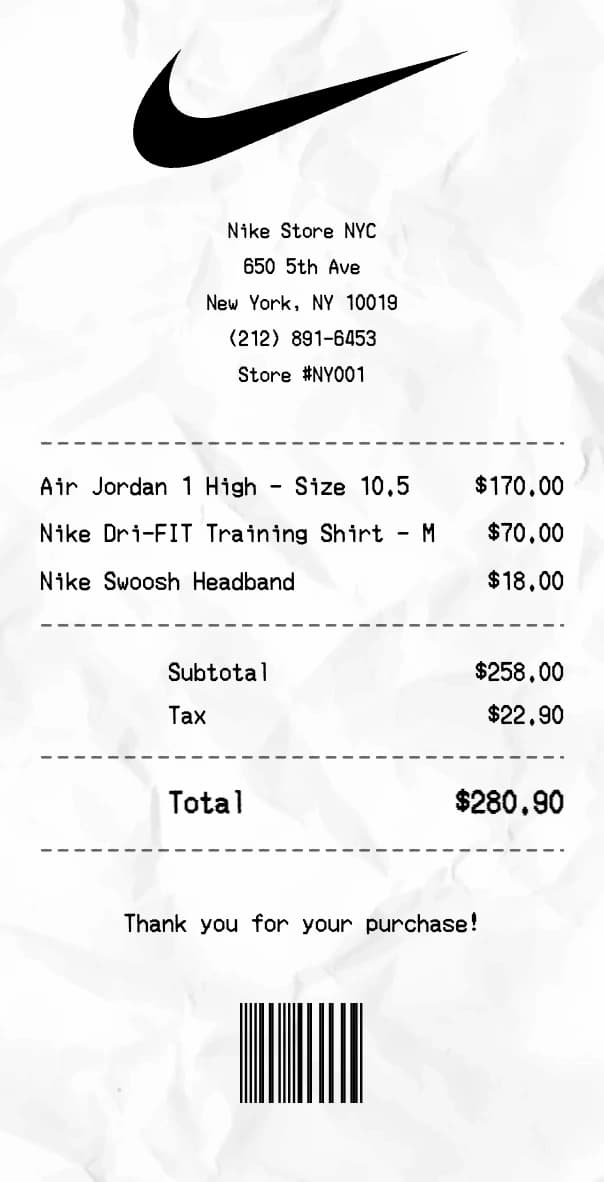 Nike receipt example