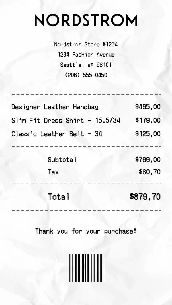 Nordstrom receipt example