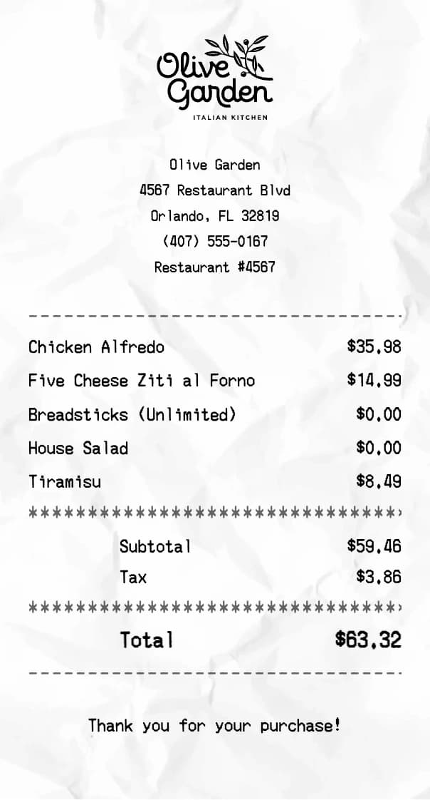Olive Garden receipt example