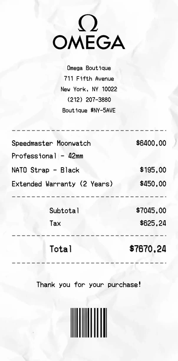 Omega receipt example