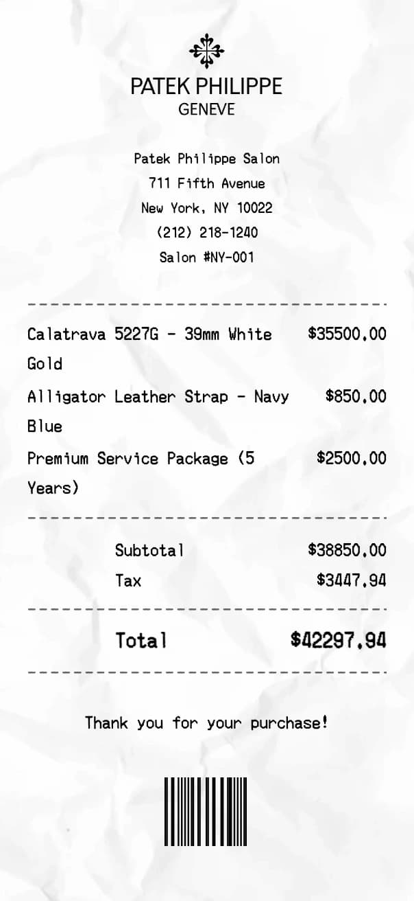 Patek Philippe receipt example