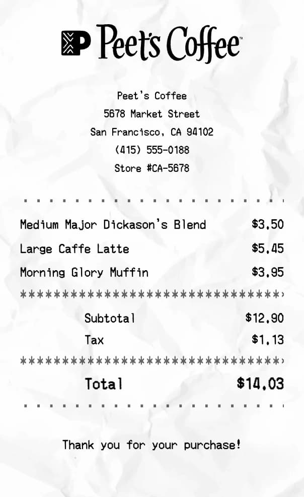Peet's Coffee receipt example
