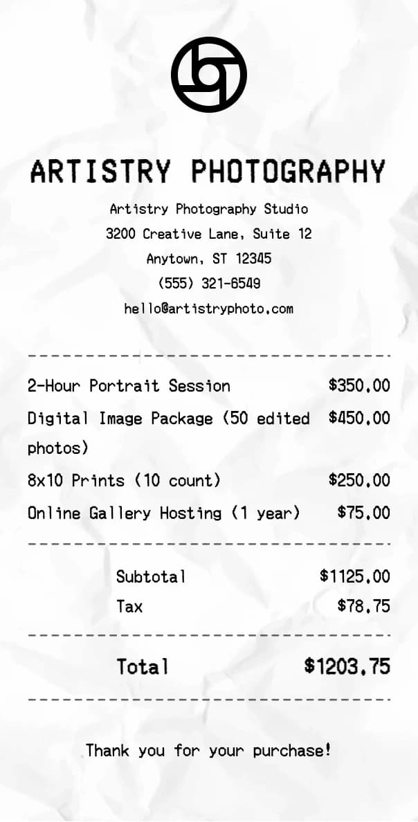 Photography receipt example