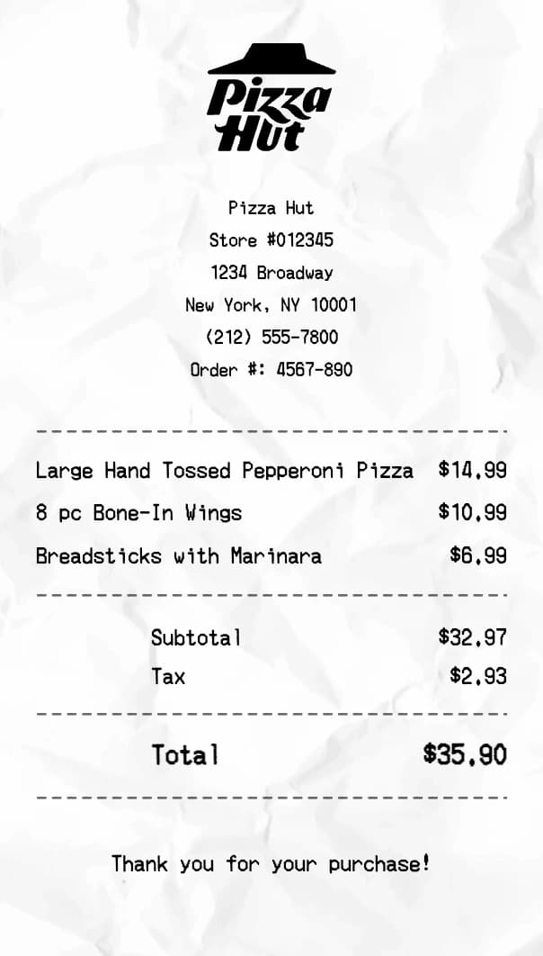Pizza Hut receipt example