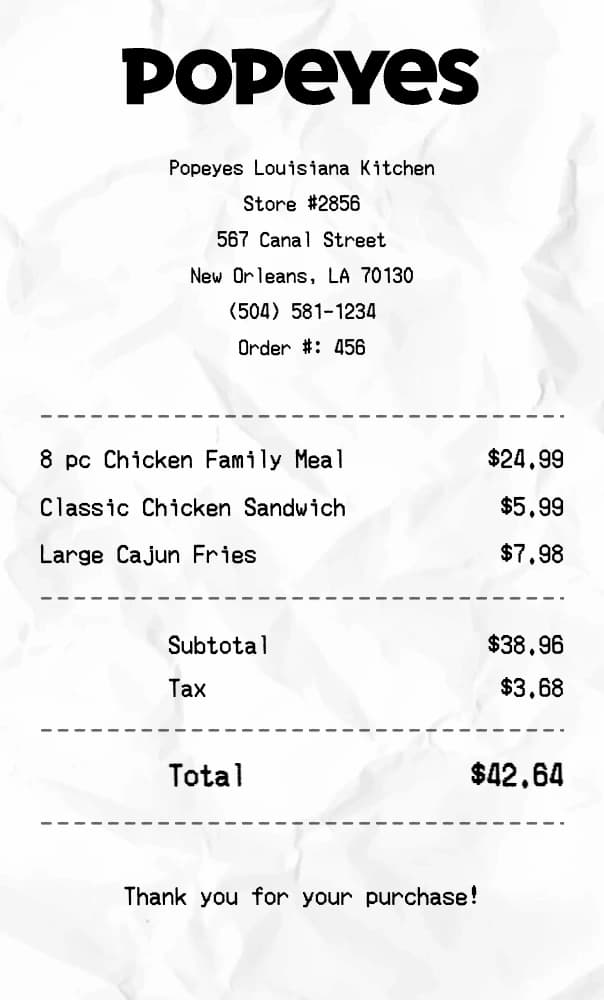 Popeyes receipt example