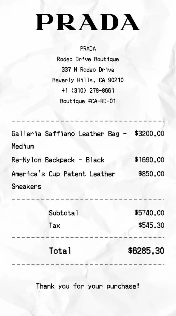 Prada receipt example