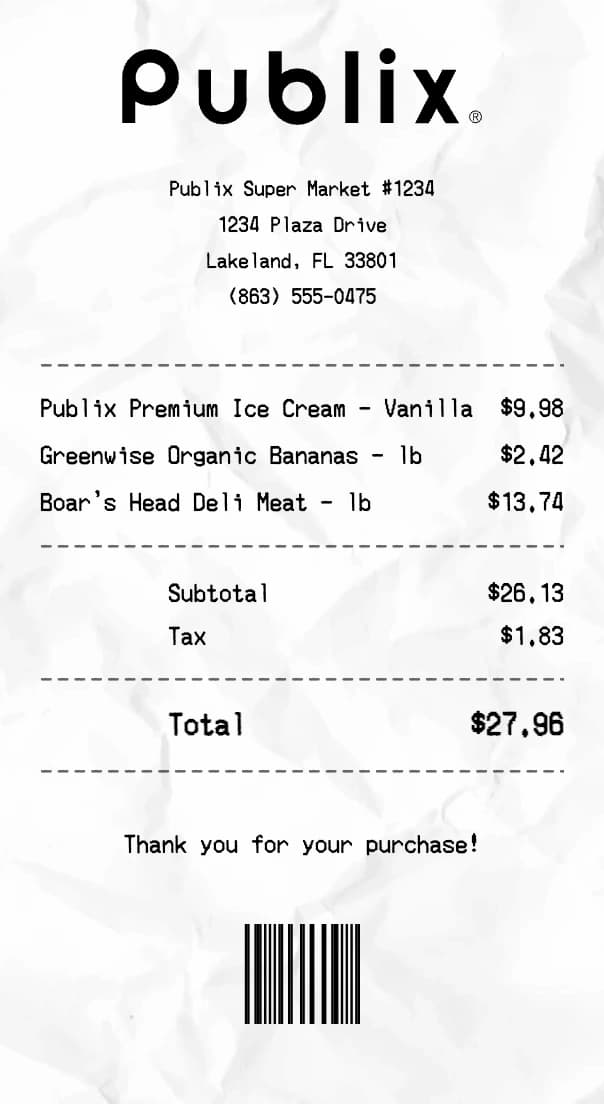 Publix receipt example
