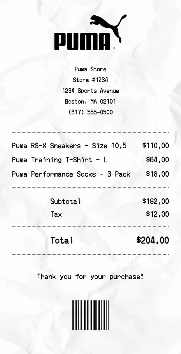 Puma receipt example