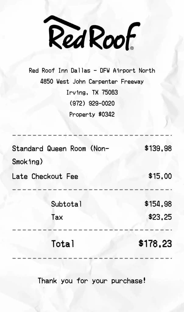 Red Roof Inn receipt example