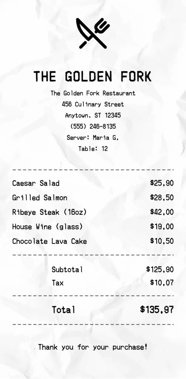 Restaurant receipt example