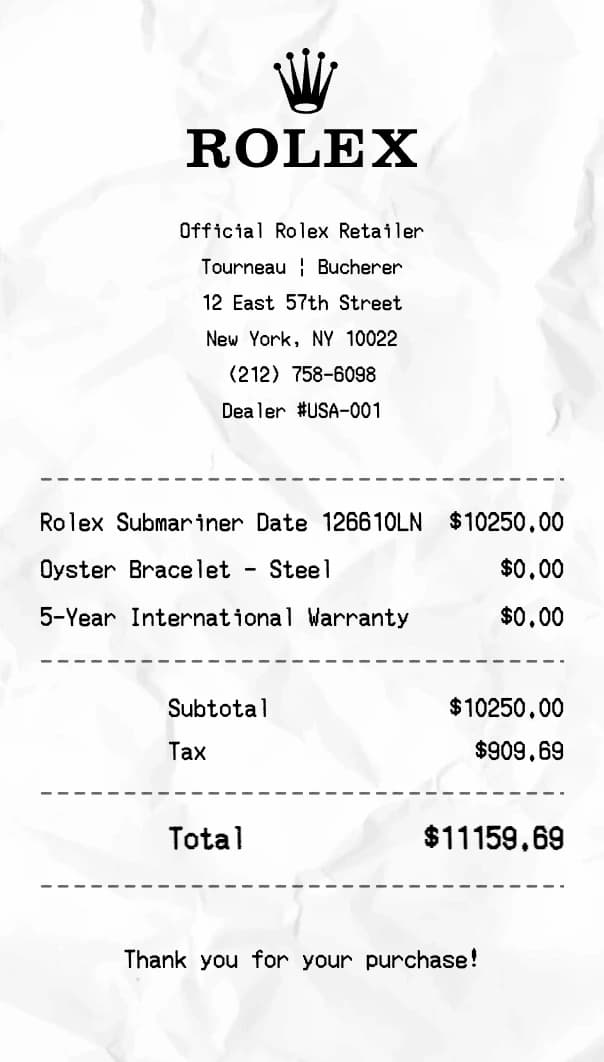 Rolex receipt example
