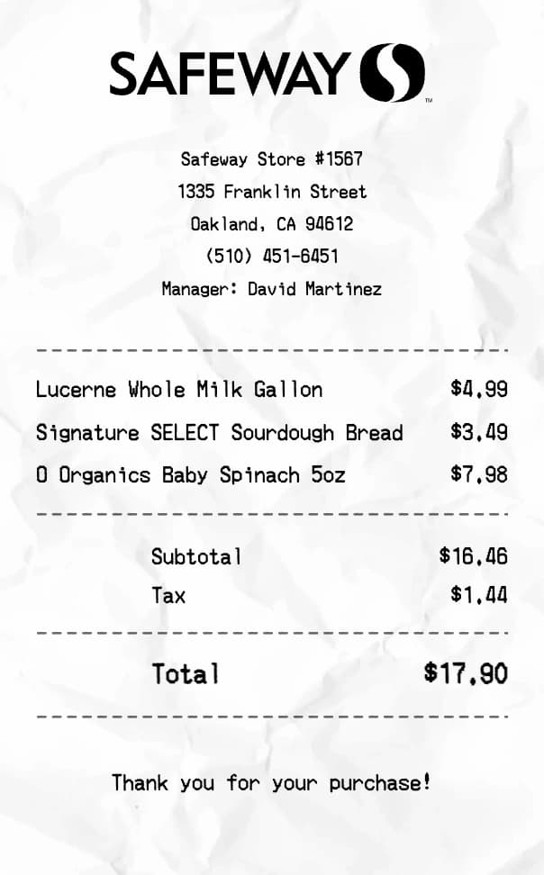 Safeway receipt example
