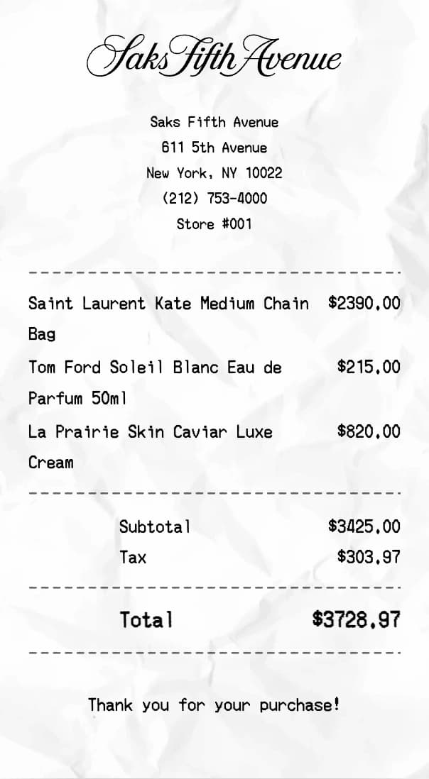 Saks Fifth Avenue receipt example