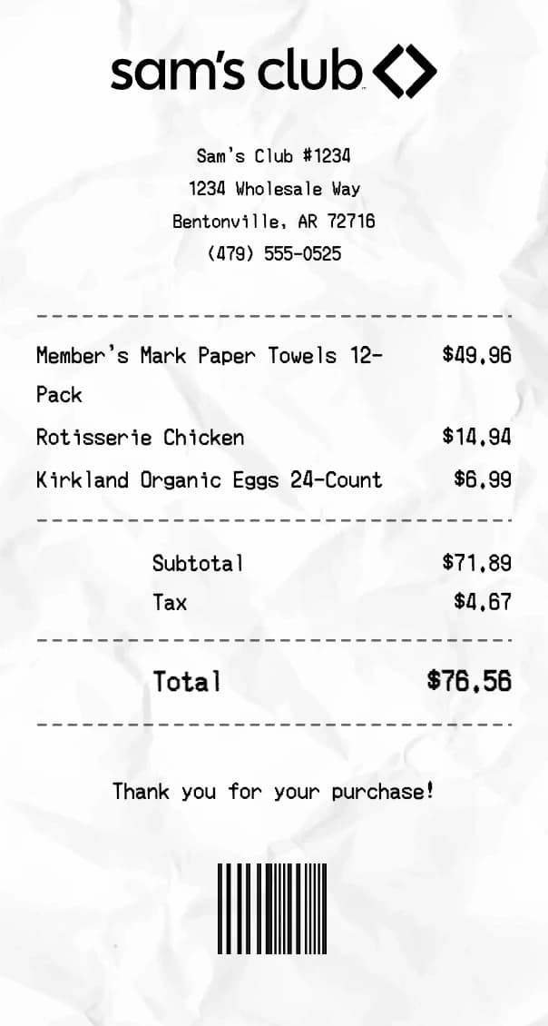 Sam's Club receipt example