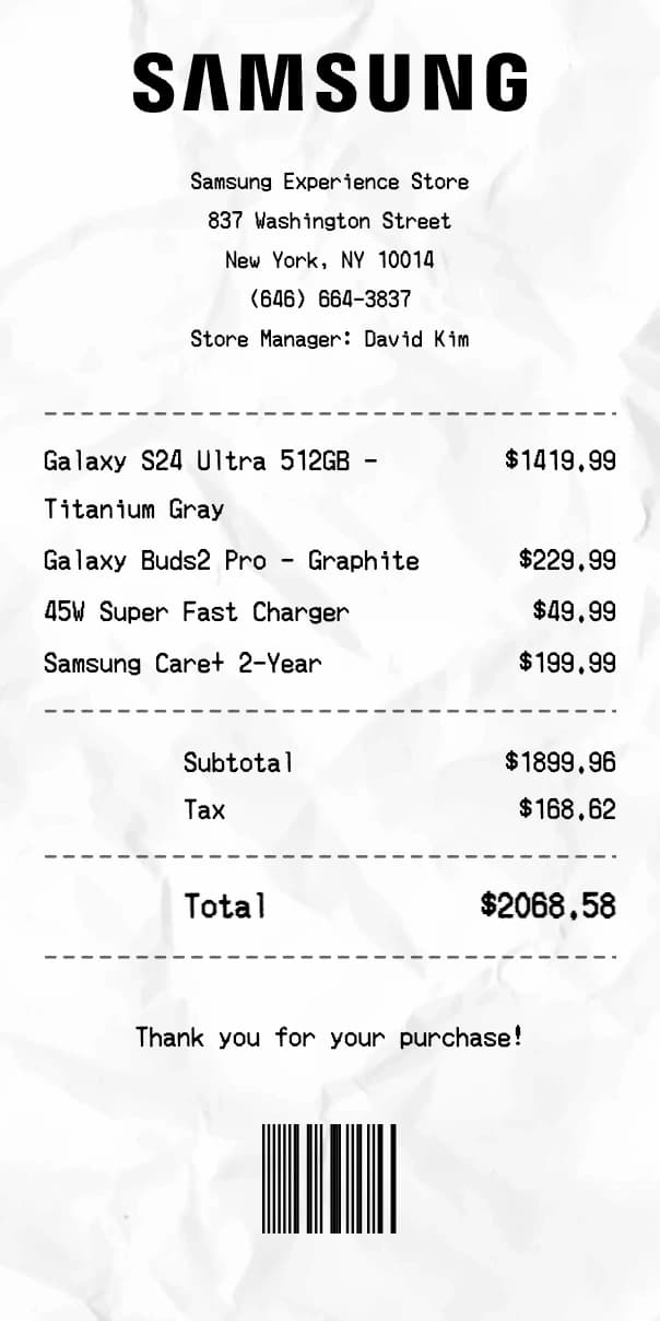 Samsung receipt example