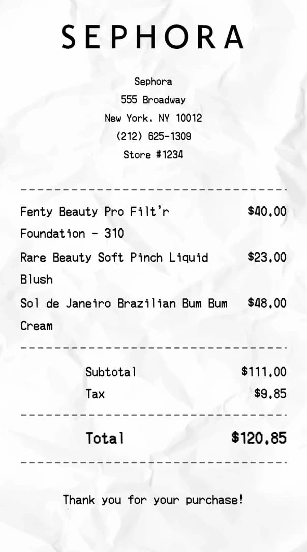 Sephora receipt example