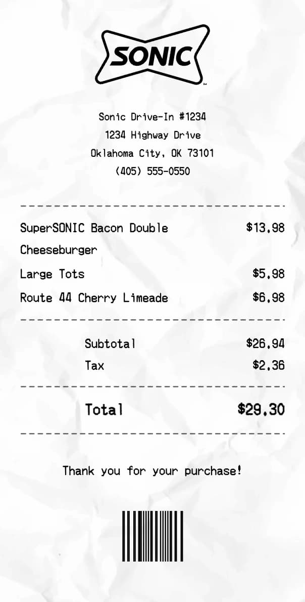 Sonic Drive-In receipt example