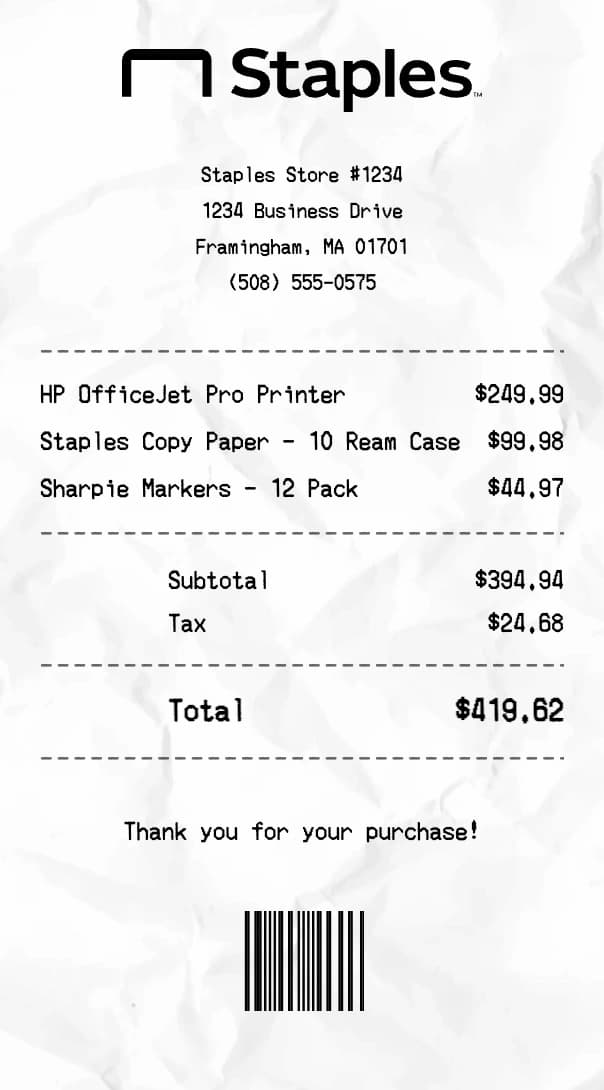 Staples receipt example
