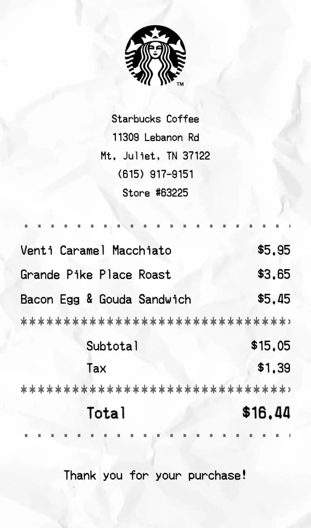 Starbucks receipt example